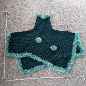 Green Poncho with Pom Poms
